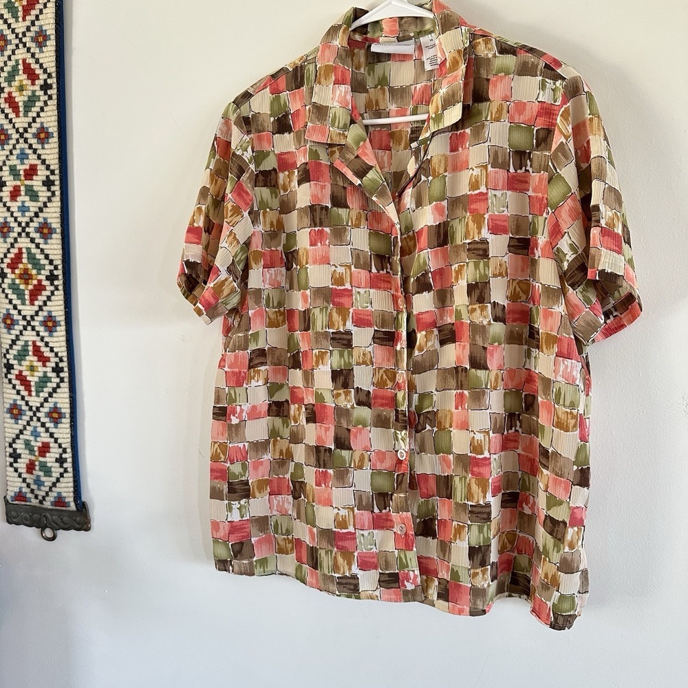 Women Alfred Dunner Coral Tan Pattern Button Up Short Sleeve Sheer 14 Dressy